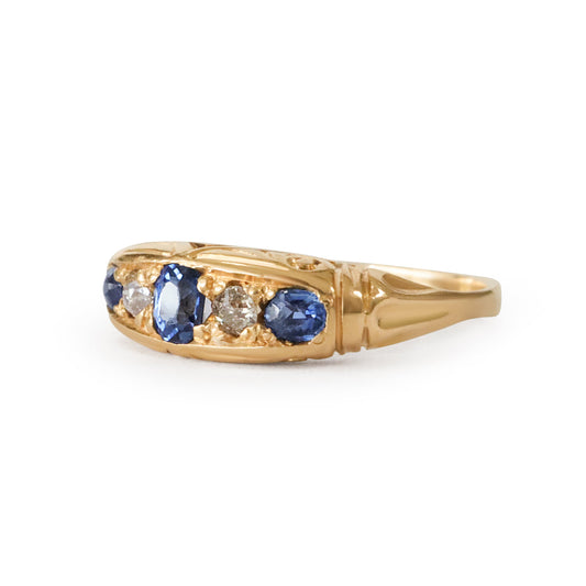 Victorian Sapphire Diamond 18k Gold Boat Ring