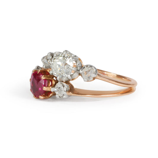 Antique French Belle Époque Diamond Ruby 18k Gold Ring