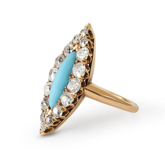 Victorian Turquoise Glass Diamond 14k Gold Navette Ring