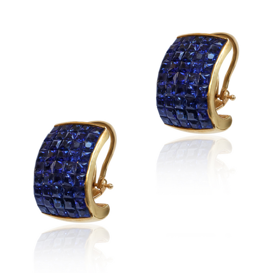 Vintage Invisibly-Set French Cut Sapphire 18k Gold Earrings