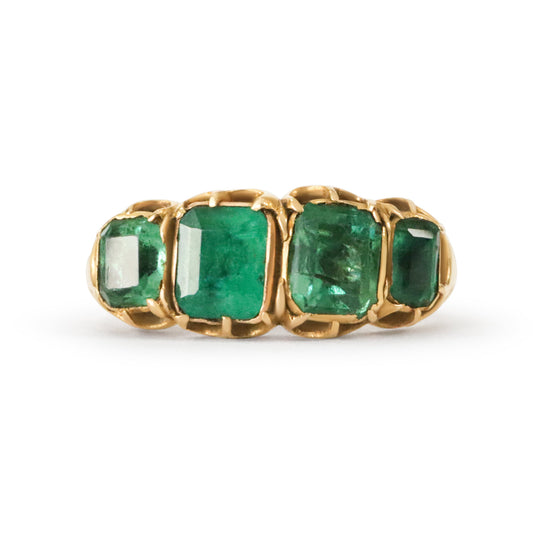 Antique Early Victorian Emerald 18k Gold Four Stone Ring