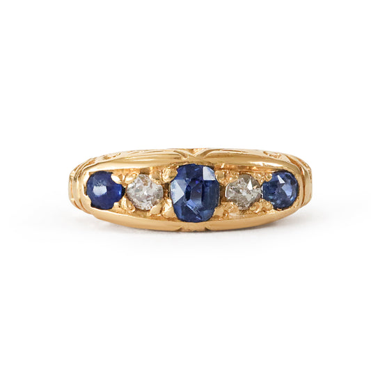 Victorian Sapphire Diamond 18k Gold Boat Ring