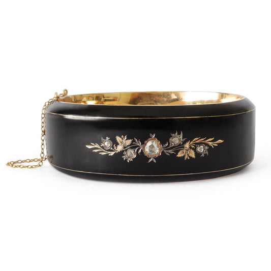 Victorian Rose Cut Diamond Black Enamel Bangle Bracelet