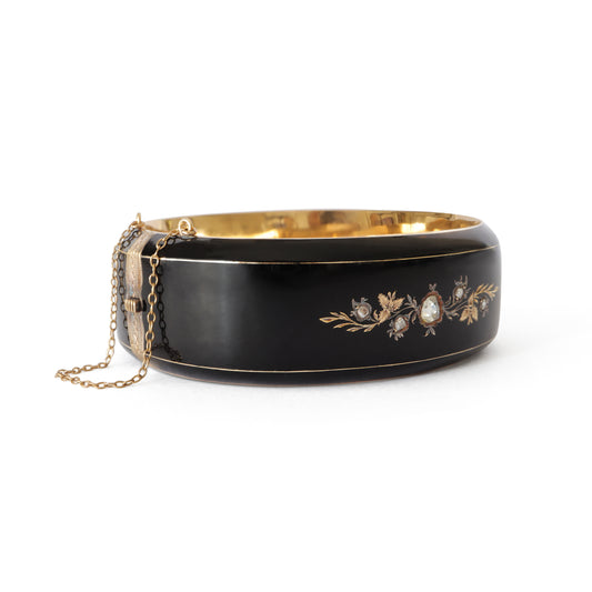 Victorian Rose Cut Diamond Black Enamel Bangle Bracelet