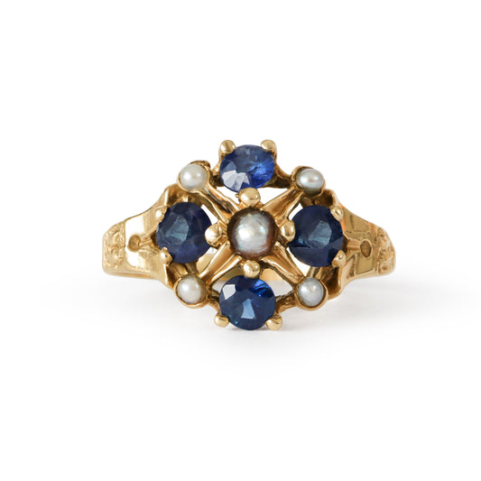 Victorian Sapphire Pearl 10k Gold Ring