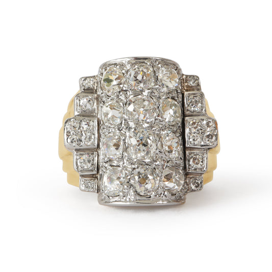 Late Art Deco or Early Retro Old Cut 14k Gold Platinum Tank Ring