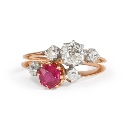 Antique French Belle Époque Diamond Ruby 18k Gold Ring