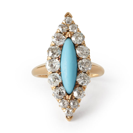 Victorian Turquoise Glass Diamond 14k Gold Navette Ring
