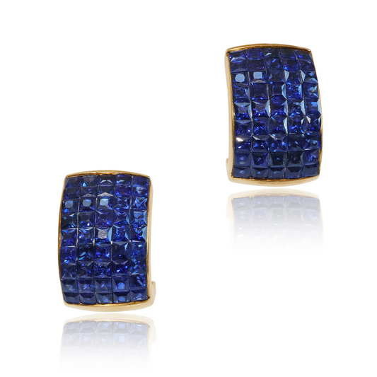 Vintage Invisibly-Set French Cut Sapphire 18k Gold Earrings