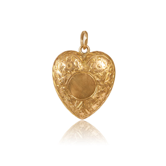 Antique Edwardian Engraved 9k Heart Pendant, 1902