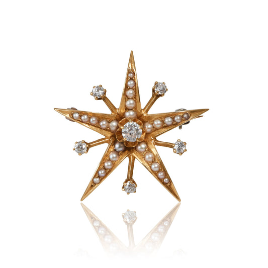 Antique Victorian Star Diamond Pearl 12k Gold Star Brooch Pendant