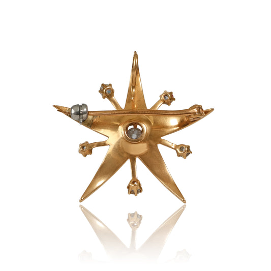 Antique Victorian Star Diamond Pearl 12k Gold Star Brooch Pendant