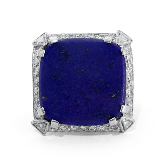 1950's Art Deco Revival Lapis Diamond Platinum Cocktail Ring